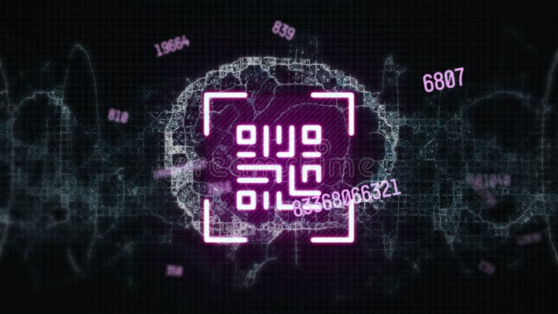 Animation of qr code and brain on black background stock footage