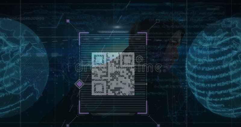 Animation of qr code with globes and data processing over caucasian hacker vector illustration