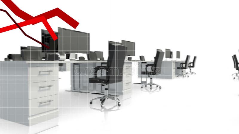 Animation of red graph forming with a grid over empty office desks with chairs rolling vector illustration
