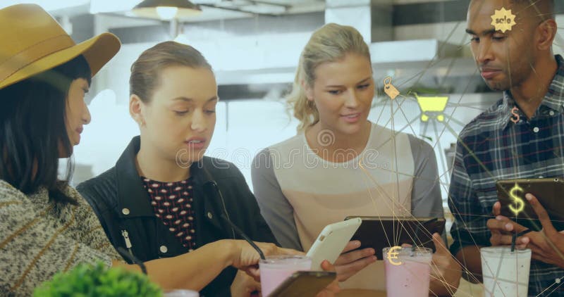 Animation of retail business network over diverse colleagues using tablets and smartphones at cafe. Connection, network, processing, data, business and