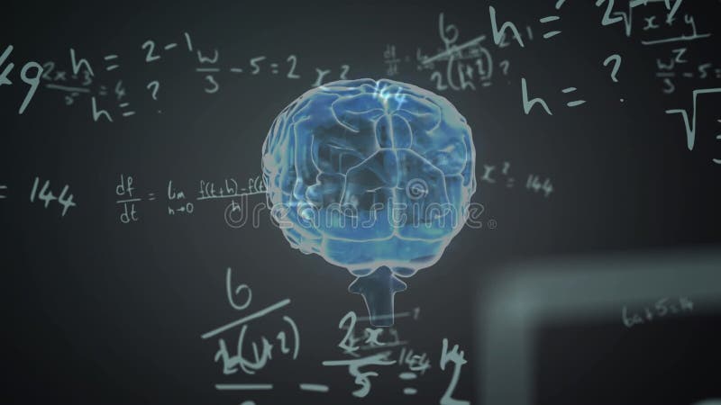 Animation of rotating brain and math formulas on black background royalty free illustration