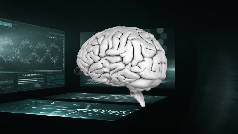Animation of rotating 3D brain with scientist screens in background royalty free illustration