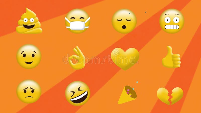 Animation of rows of multiple emoji icons on rotating orange stripes moving in seamless loop royalty free illustration
