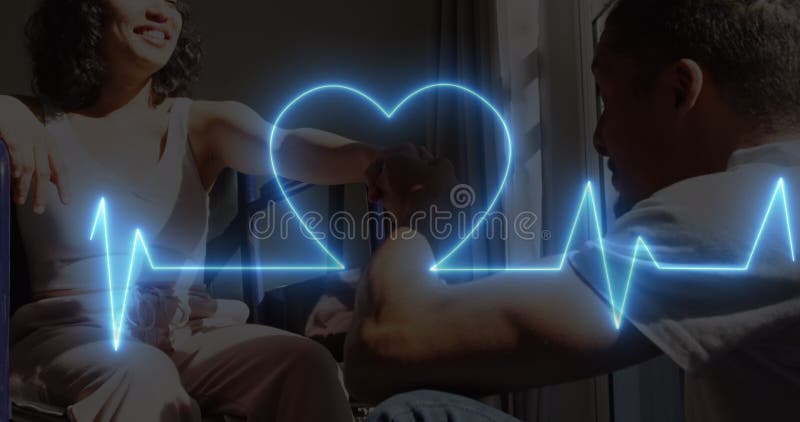 Animation rythme cardiaque néon et coeur sur couple biracial heureux femme en fauteuil roulant banque de vidéos