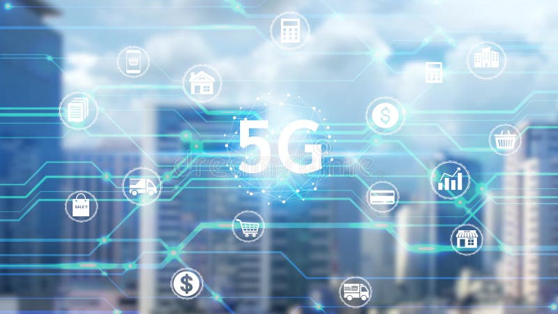 Animation réseau tactile à la main utilisant la technologie 5g avec des icônes d'écran virtuel sur la ville technologie de fond in illustration stock