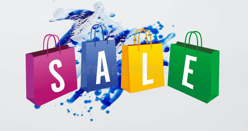 Animation of sale text in single letters on coloured shopping bags over blue paint splash