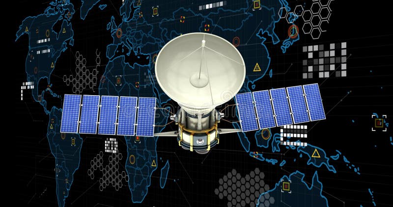 Animation of Satellite Over Globe and Data Processing on Black Background Stock Video - Video of planet, video: 251824081