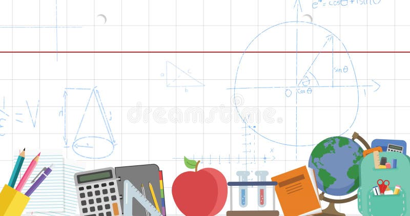 Animation of school items and mathematical drawings over white squared background. School, education and learning concept digitally generated video