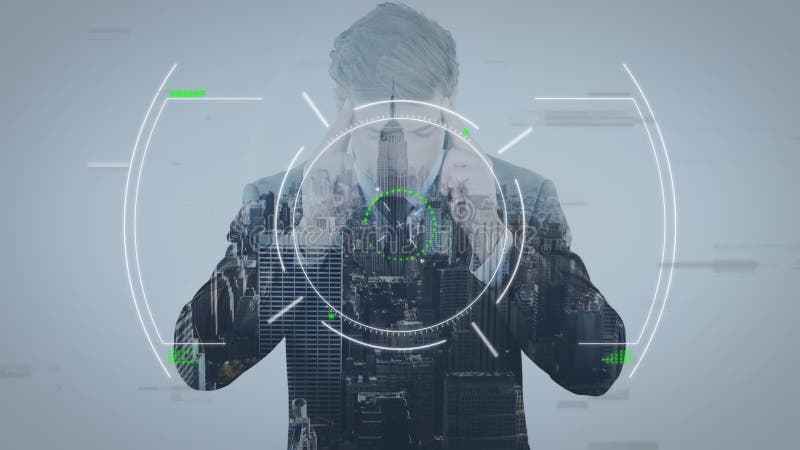 Animation of scope scanning and caucasian businessman over cityscape stock video footage