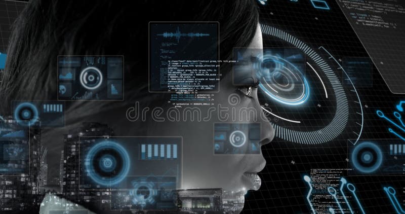 Animation of scope scanning and data processing over woman stock footage