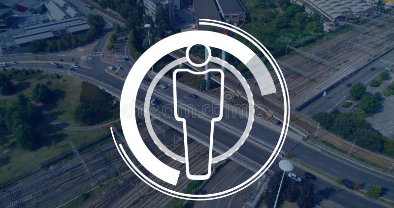 Animation of scope scanning with man icon over cityscape stock video