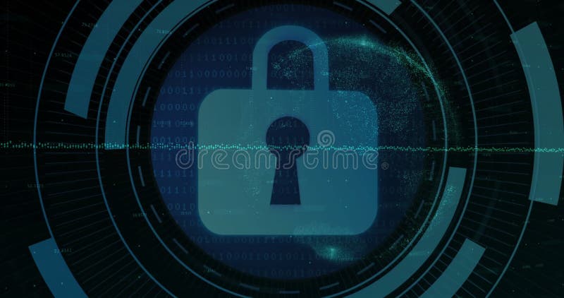 Animation of scope scanning and padlock over diagram stock video footage