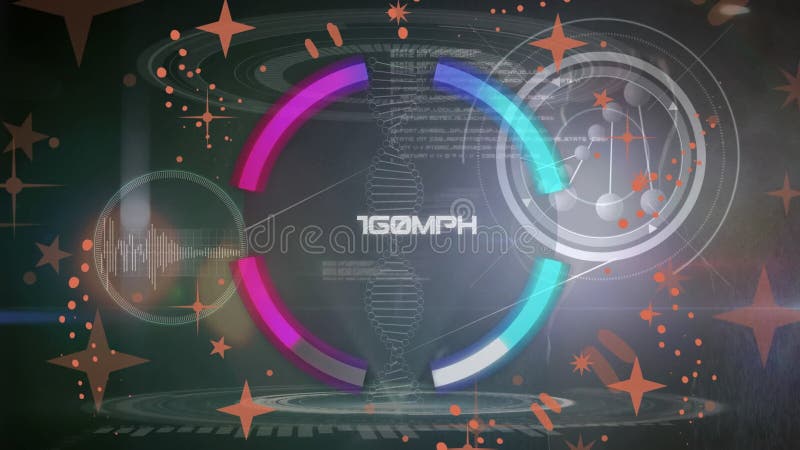 Animation of scope scanning and stars over dna strand data processing on black background stock video footage