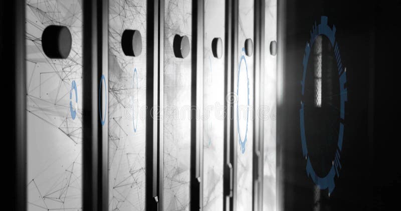 Animation of scope scannnig and shapes over server room stock video footage