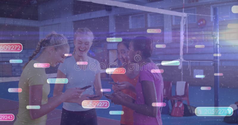 Animation of social media icons with number over diverse girls using smartphones