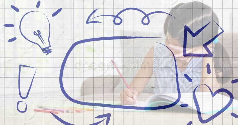 Animation of speech bubble with icons on squared paper over schoolgirl in class