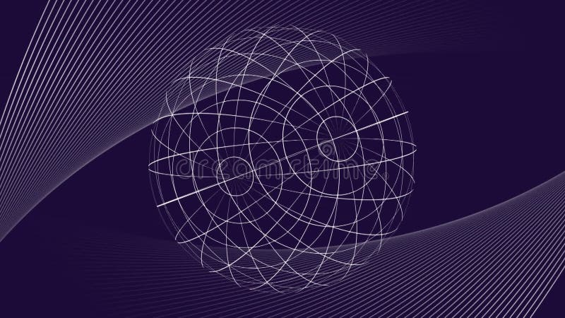 Animation of sphere rotating over networks of curved parallel white lines on dark background stock illustration