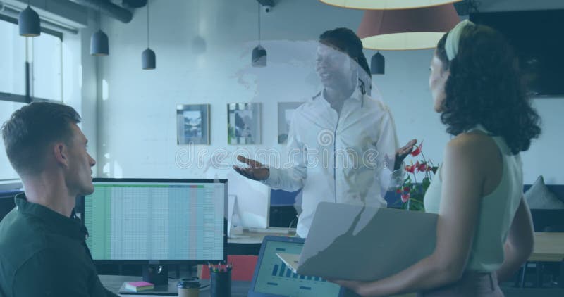 Animation of spinning globe icon over three colleagues discussing together at office stock footage