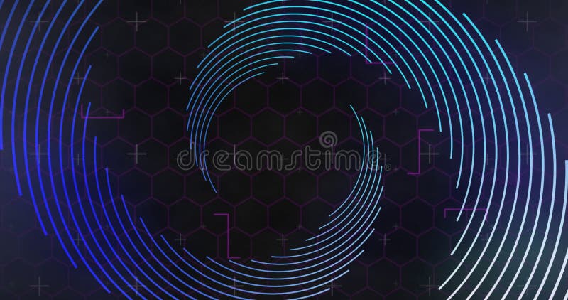 Animation of spinning lines over hexagons on black background stock illustration