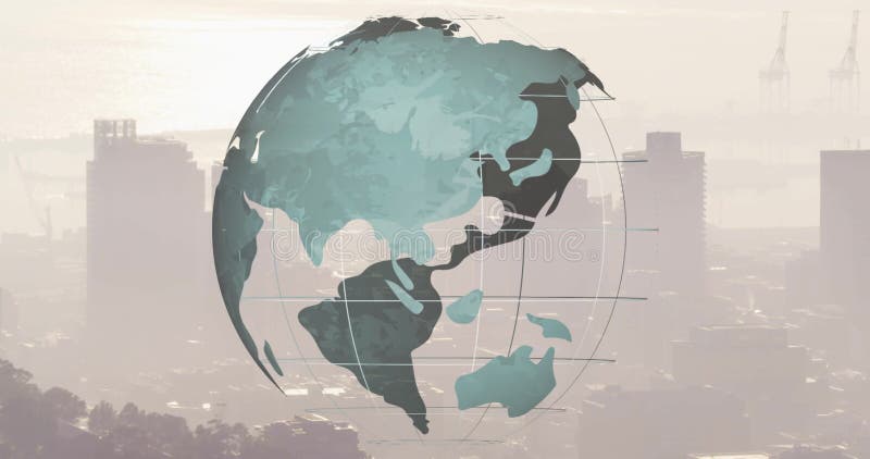 On animation start 3D globe rotating over hazy skyline illustrating global connectivity stock video footage