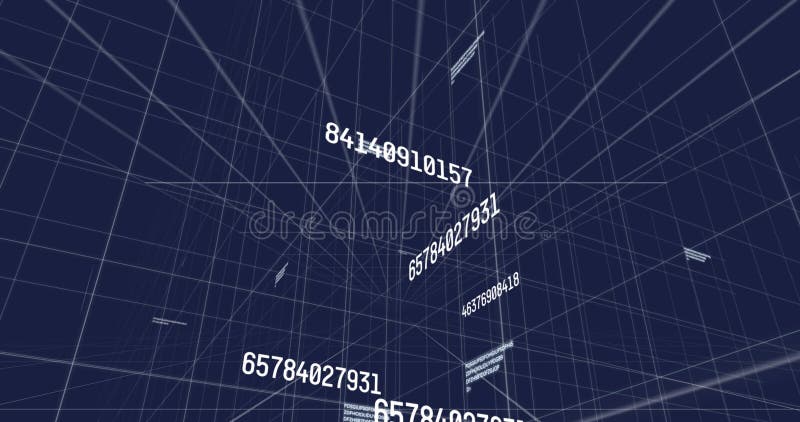 On animation start floating white numbers drifting across 3D wireframe cube to show data flow stock footage