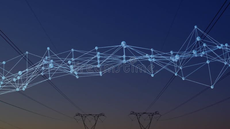 At animation start glowing network undulating over pylons as horizon warming showing connectivity stock video footage