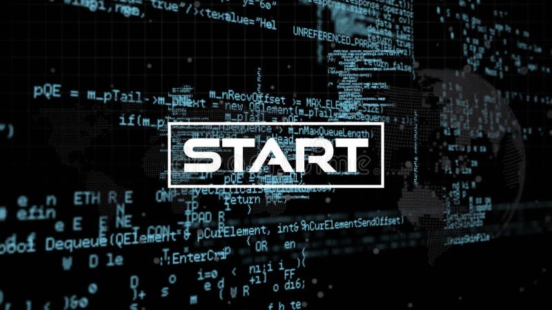 Animation of start text and data processing on black background stock video