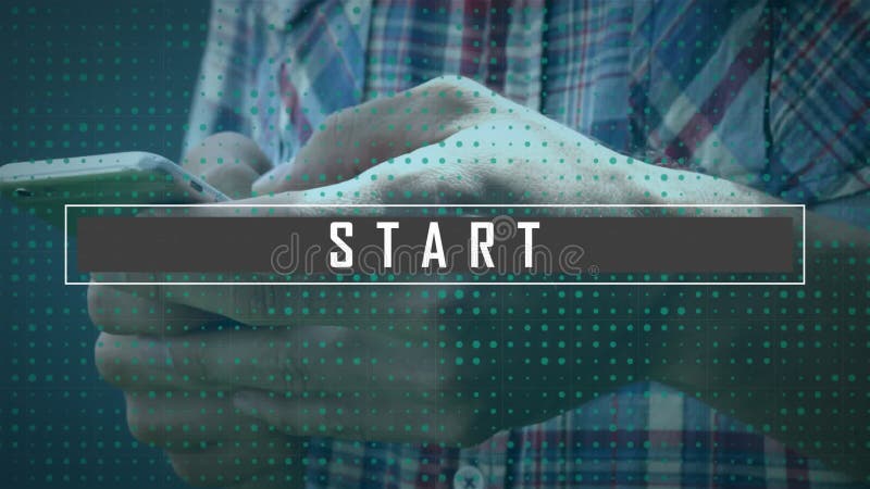 Animation of start text over caucasian man using smartphone stock video footage