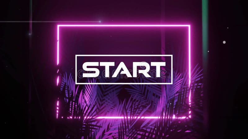 Animation of start text over neon frame and leaf pattern background stock video