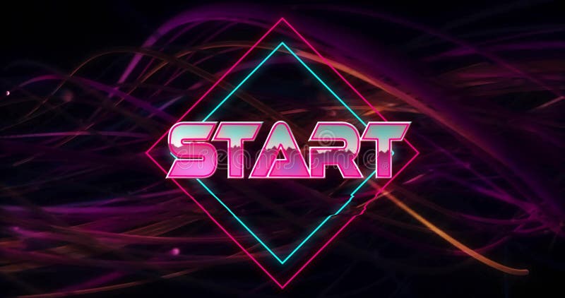Animation of start text over neon pattern background stock video footage
