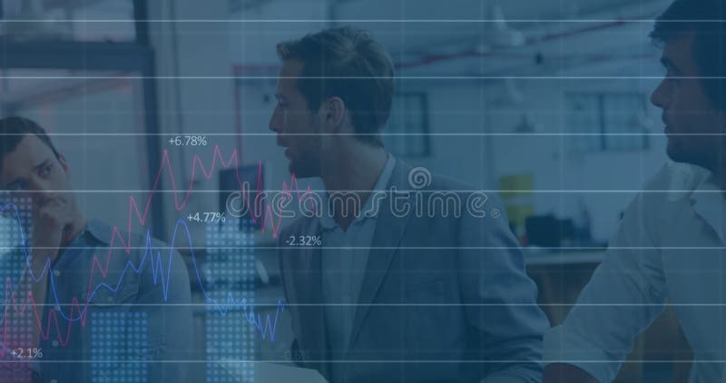 Animation of statistical data processing against three diverse men discussing at office stock footage