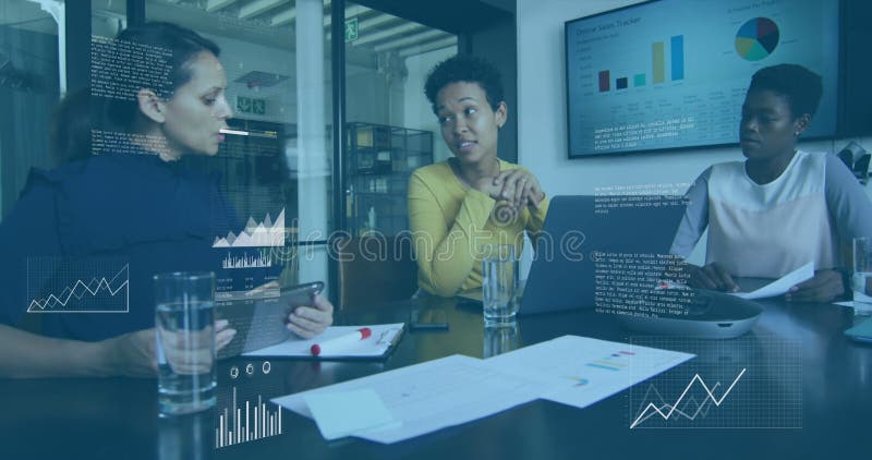 Animation of statistical data processing against three diverse women discussing together at office stock video footage