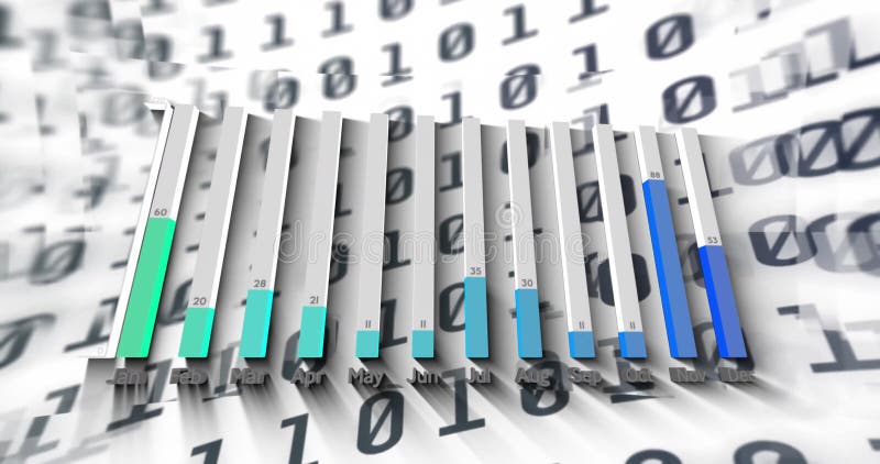Animation of statistics and data processing over binary coding. Global connections, computing and data processing concept digitally generated video. Binary coding data processing video