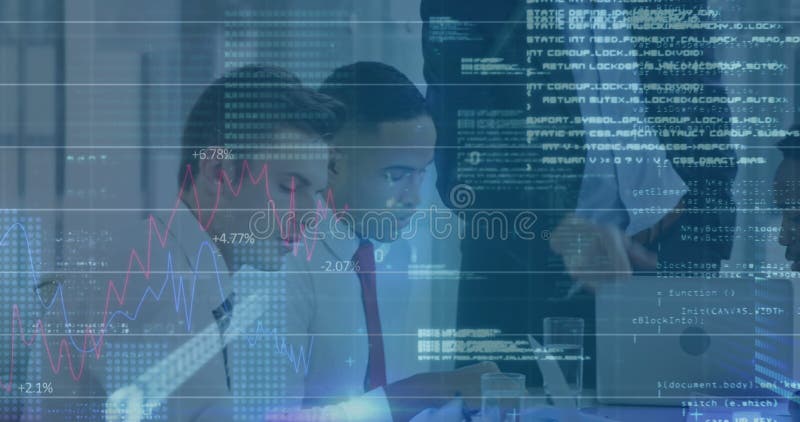 Animation of statistics and financial data processing over business people stock footage