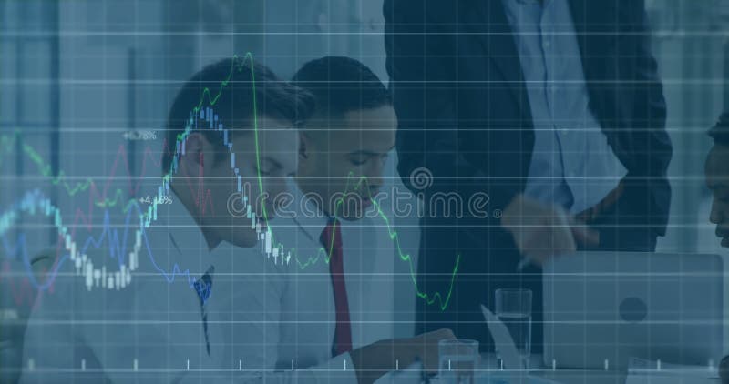 Animation of statistics and financial data processing over business people stock video footage