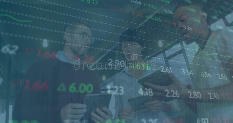 Animation of stock market data processing against three diverse men discussing together at office stock footage