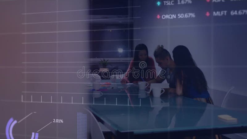 Animation of stock market data processing against three diverse women discussing at office stock video footage