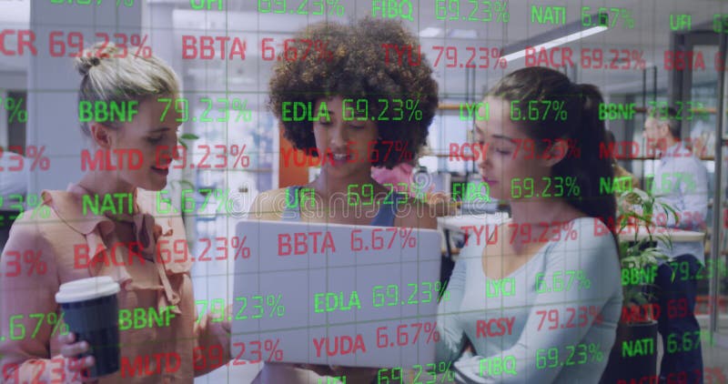 Animation of stock market data processing over three diverse women discussing over laptop at office stock video footage
