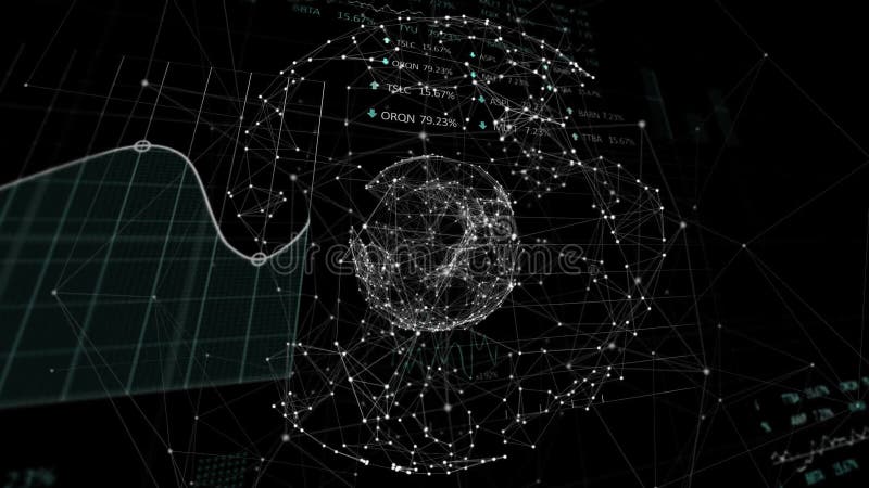 Animation of stock market display and globe spinning on black background. royalty free illustration