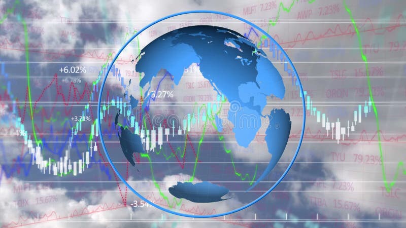 Animation of stock market numbers and globe with cloudy sky in background royalty free illustration