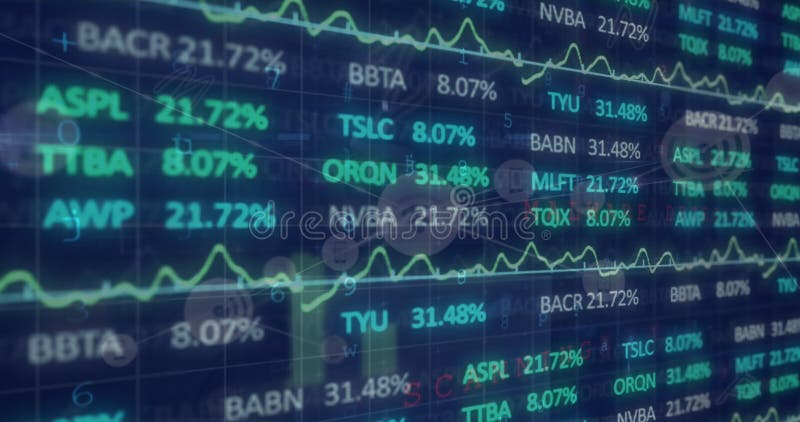 Animation of stock market over network of connections with icons and data processing stock illustration