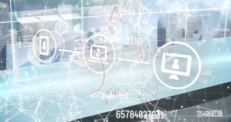 Animation of tech icons, numbers and math formulas on grey background royalty free illustration