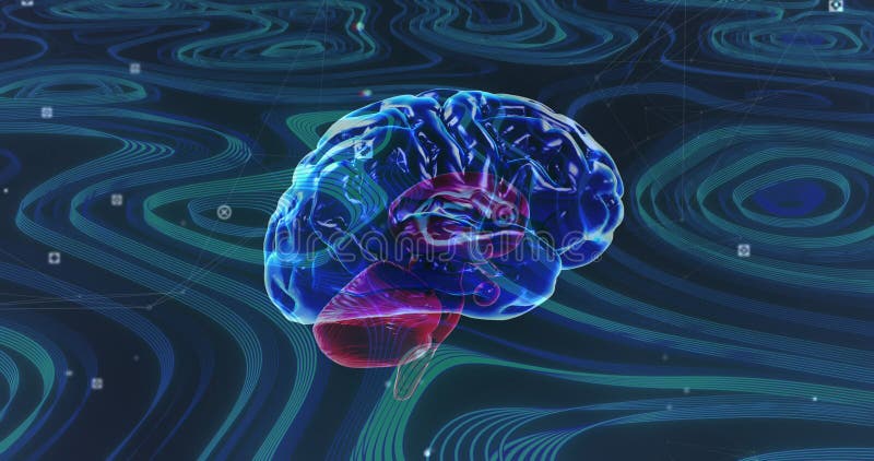 Animation of transparent blue brain rotating on green background with flashing points of light stock illustration