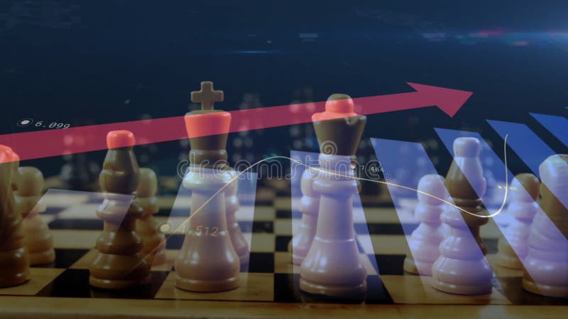 Animation of upward arrow, graph and processing data over chess pieces on board stock video