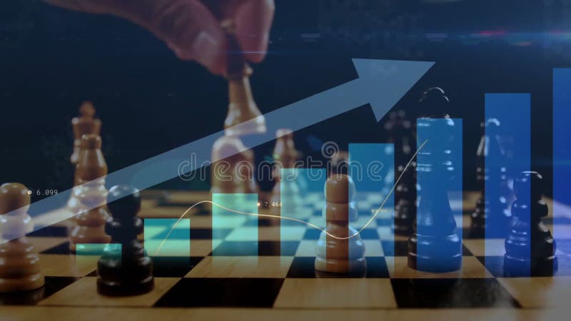Animation of upward arrow and graph processing data over hand moving chess piece on board stock video footage