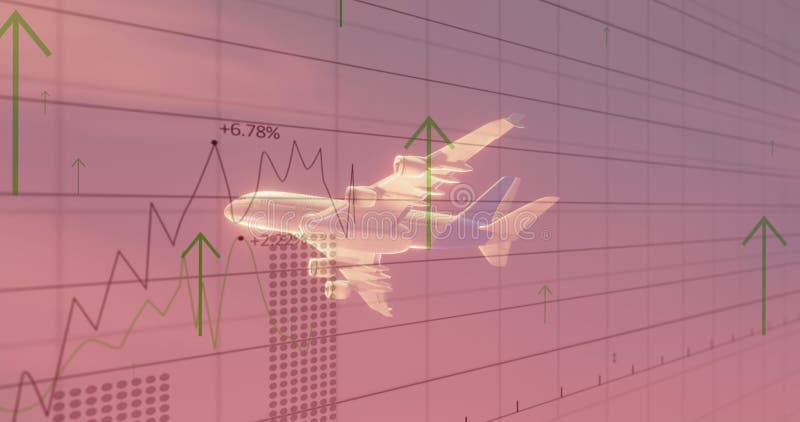 Animation of upward arrows, graph and data processing over aeroplane flying in sunset sky stock footage