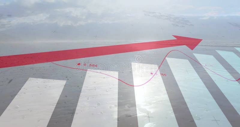 Animation of upward red arrow and graphs processing data over sky and landscape stock footage