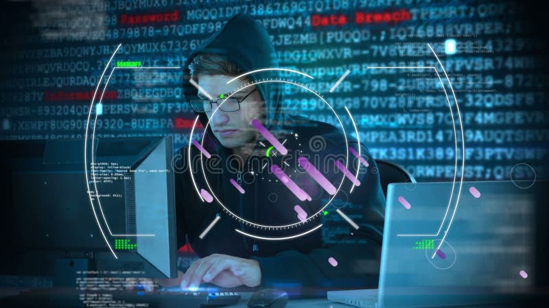 Animation of viewfinder, data and purple shapes over caucasian male hacker stock illustration