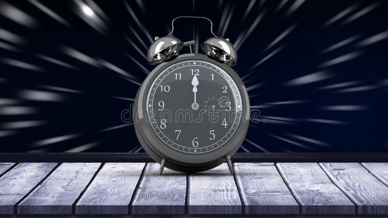 Animation of vintage alarm clock moving fast and ringing with light trails on blue background royalty free illustration