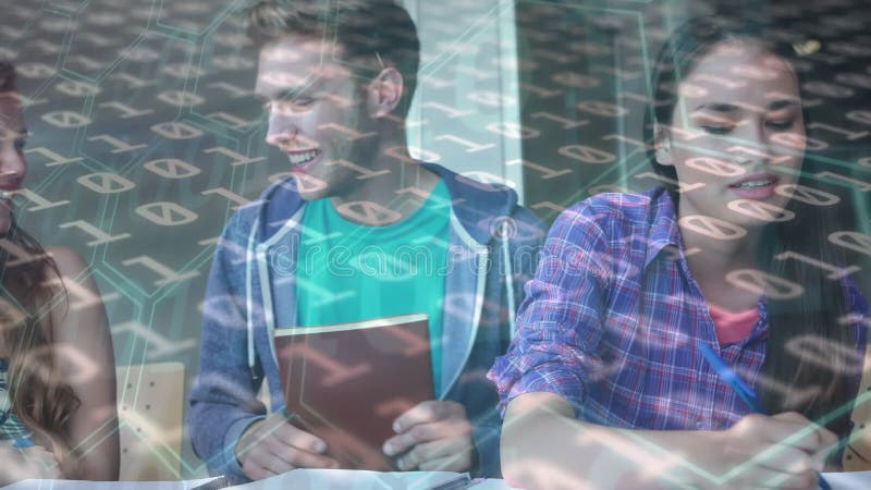Animation von binärem Code über junge kaukasische Schüler, die in der Bibliothek diskutieren stock video